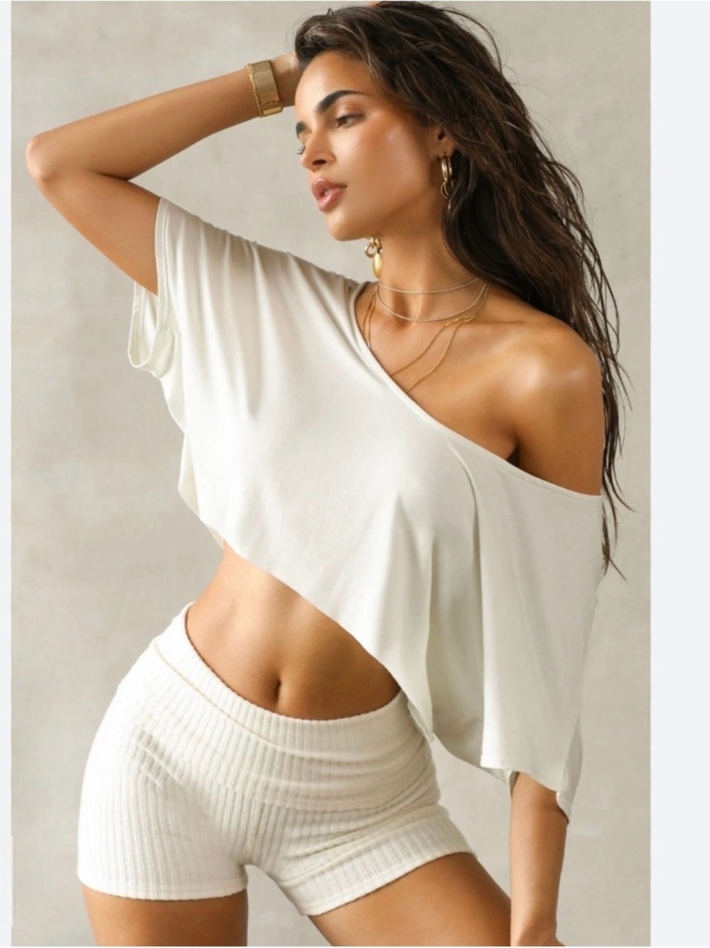 Joah Brown Off-Shoulder Crop Tee In Color Chalk